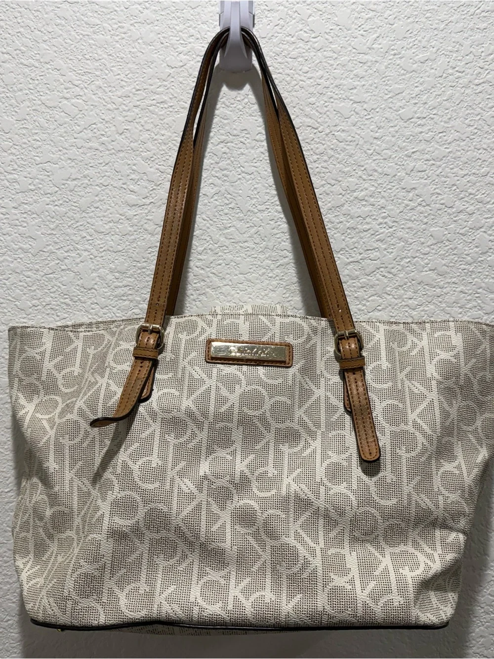 Calvin Klein Beige Logo Tote with Tan Leather Straps